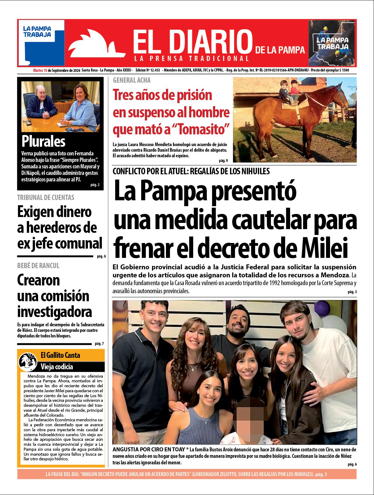 Tapa de El Diario en papel  martes 15 de septiembre de 2026